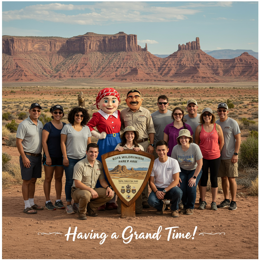 Description: A group photo styled like a retro postcard. The entire group of diverse guests, including the "Rosie" characters and the friendly guides, pose together. In the background is a stunning Kofa arizona  landscape. The image has a border and script text at the bottom that reads: "Having a Grand Time! - Digital Adventures Outdoors, Kofa National Wildlife Refuge."Style: Retro postcard.