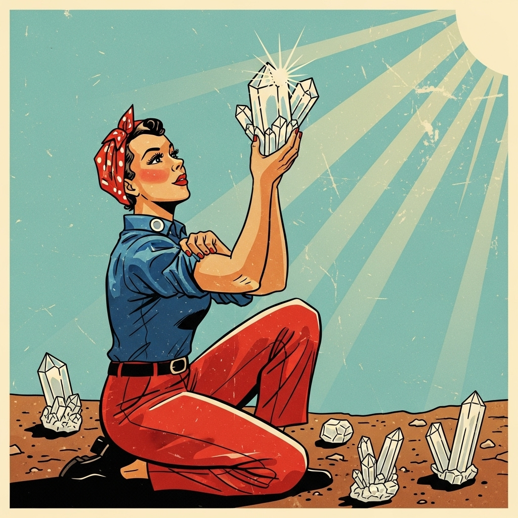 Image 7: Rosie's Crystal DiscoveryDescription: A close-up shot of a guest in the "Rosie the Riveter" style. She is kneeling on the ground at Crystal Hill, holding a large, sparkling quartz crystal up to the sunlight. Her face shows a look of wonder and excitement. Other smaller crystals are visible on the ground around her.Style: Retro illustrated portrait.
