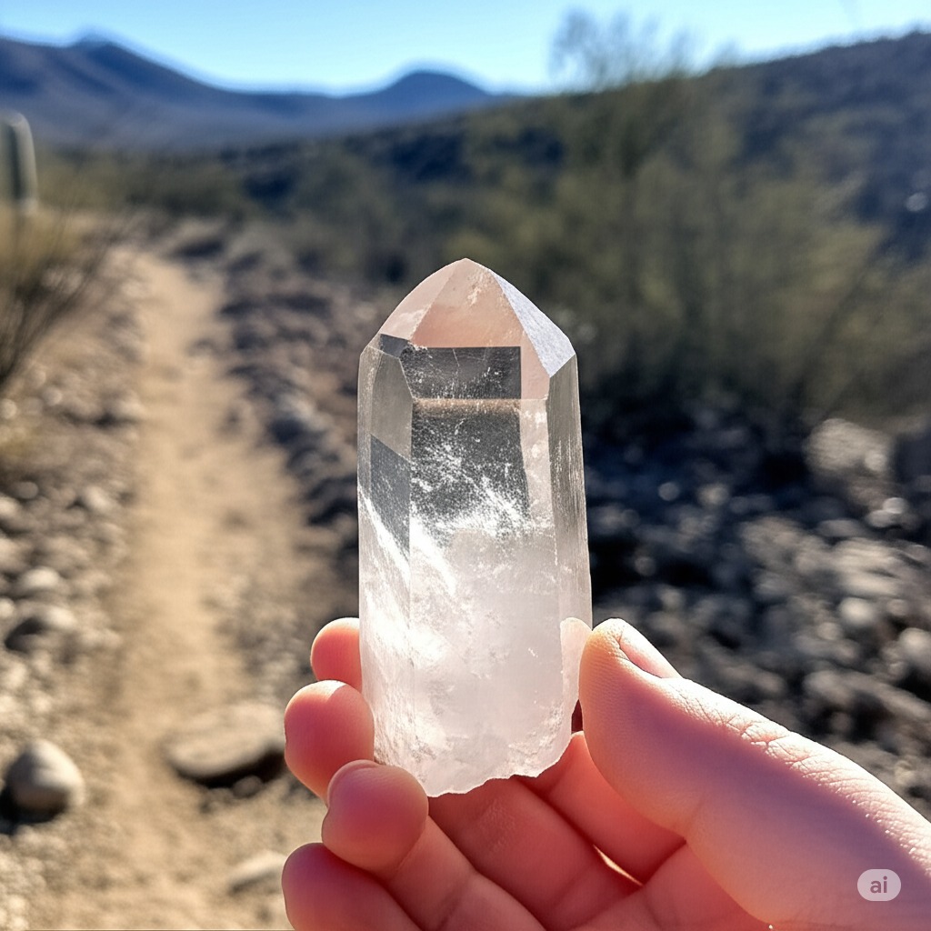 5. A Sparkling Discovery on Crystal HillA close-up shot of a hiker's hands holding a brilliant, clear quartz crystal up to the sunlight. In the background, the sparse, rocky terrain of Crystal Hill is visible, emphasizing the thrill of the find.