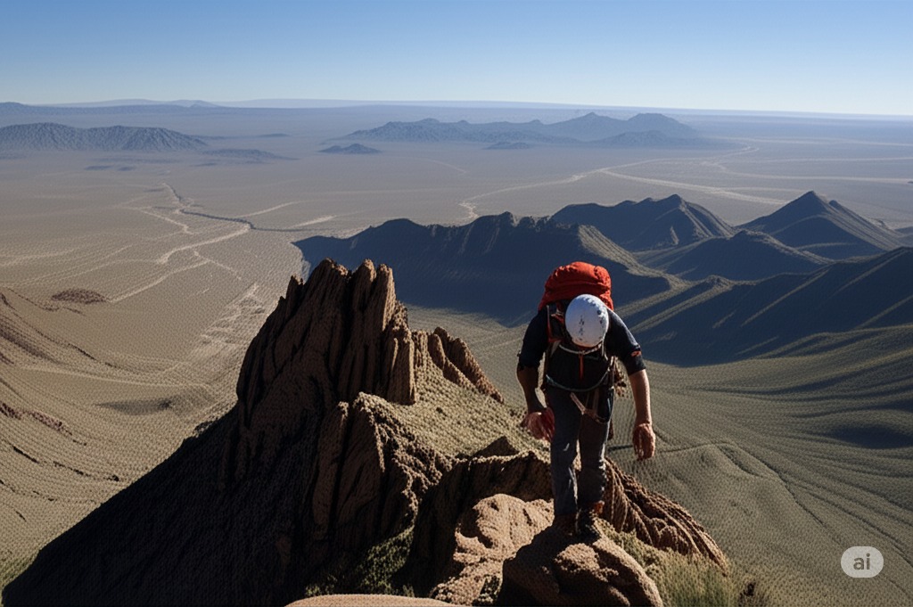 Show me a picture of The Thrilling Ascent of Castle Dome PeakTwo hikers carefully navigate a steep, ladder-like rock section of the Castle Dome Trail. They are roped in for safety and focused on their climb, with the vast expanse of the Kofa mountains and desert stretching out below them, conveying a sense of challenge and epic scale.