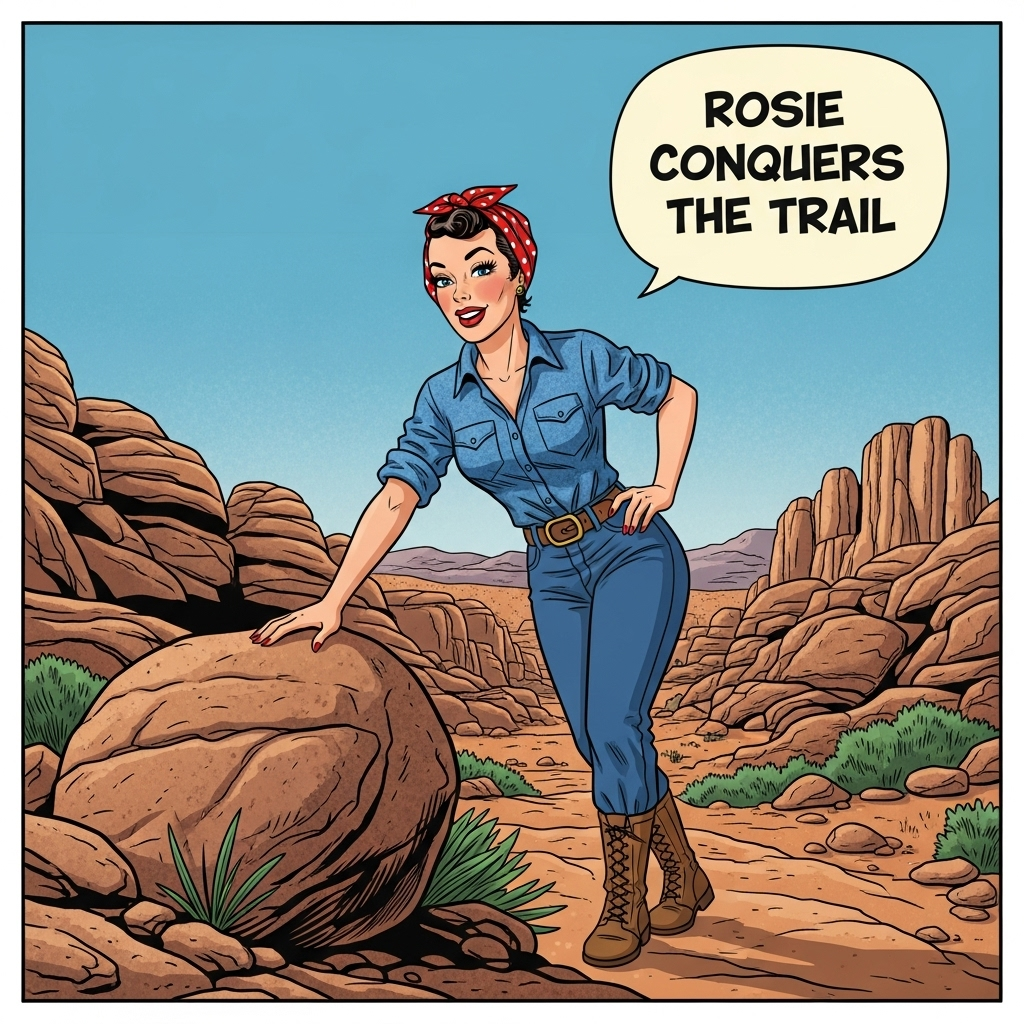 mage 4: Rosie Conquers the TrailDescription: A dynamic image of a strong woman in Rosie the Riveter style—denim shirt with rolled-up sleeves and a red bandana in her hair—confidently navigating the rocky terrain of the Horse Tanks Trail. She has one hand on a large boulder for balance and is looking ahead with a determined and joyful expression.Style: Retro comic book panel.