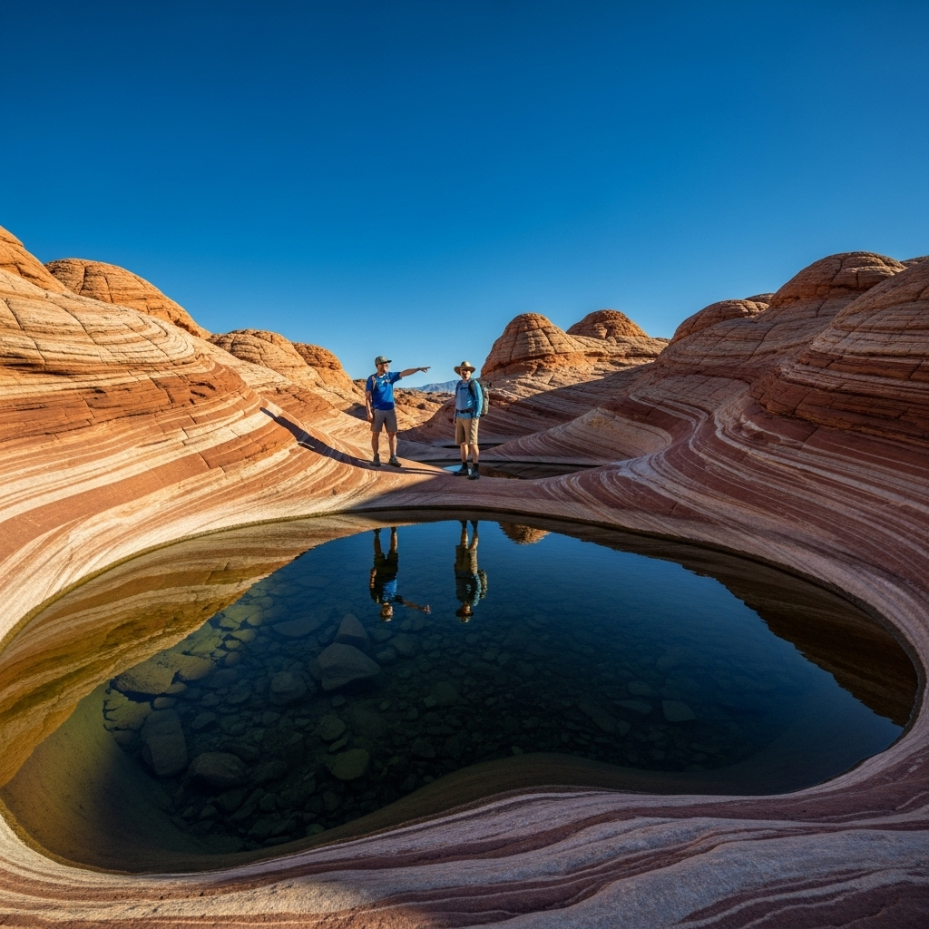 4. The Serene Pools of Horse Tanks TrailA stunning view of the Horse Tanks Trail, focusing on the unique, water-filled rock basins ("tanks"). The clear water reflects the marbled rock formations and the deep blue Arizona sky, with a couple of hikers admiring the tranquil scene.