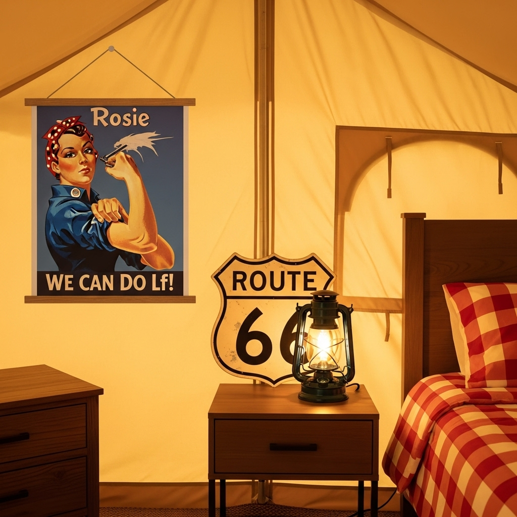 Image 3: A Touch of NostalgiaDescription: An interior shot of one of the glamping tents. The focus is on the details: a classic "Rosie the Riveter - We Can Do It!" poster hangs on the canvas wall, and a vintage Route 66 shield sign is propped on a nightstand next to a lantern-style lamp. The bedding is a classic red and white checker pattern.Style: Retro illustrated still life.