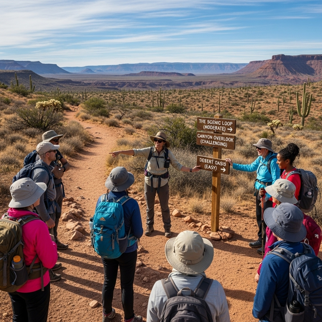 3. Three Paths, One Adventure: Guided Hikes for EveryoneA diverse group of hikers pauses at a trail junction with their guide. The guide points towards one of the paths leading into the vast, beautiful desert landscape, symbolizing the daily choice of guided adventures.