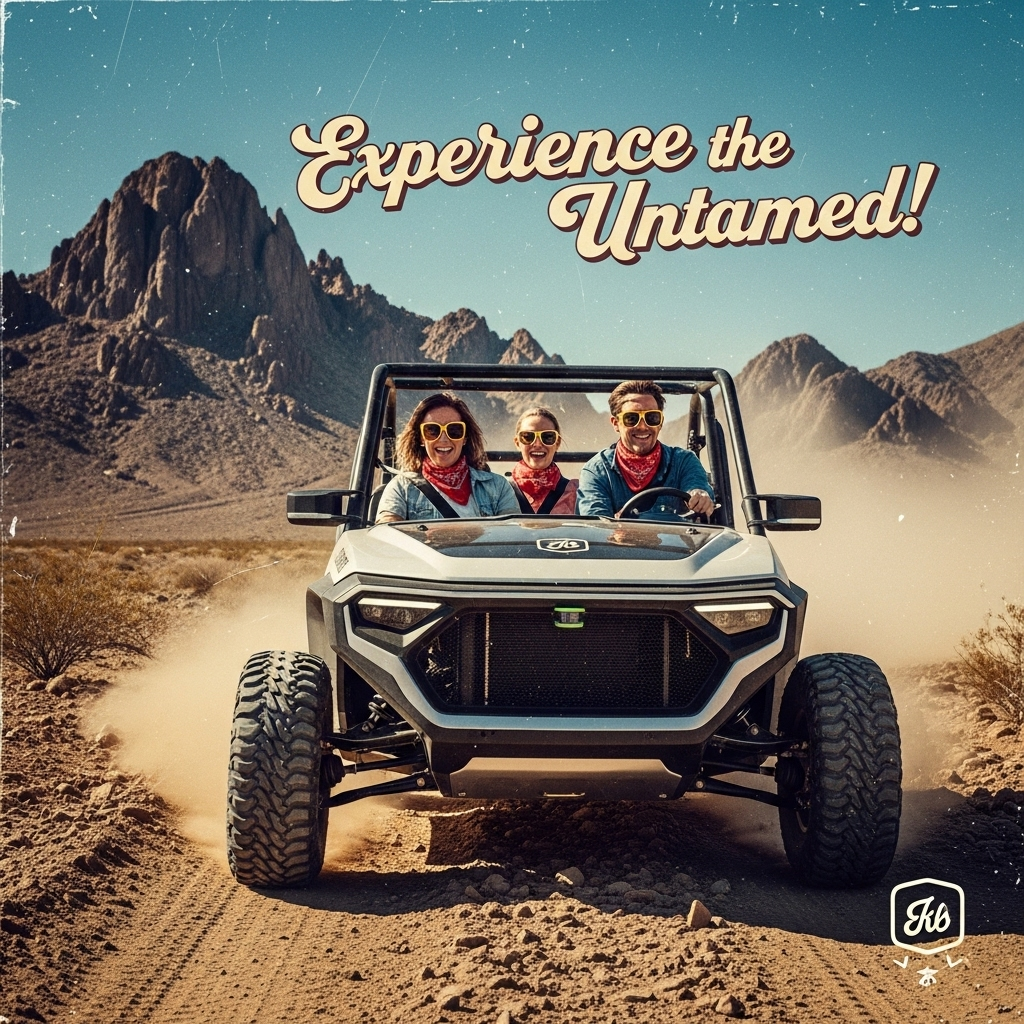 Image 6: Off-Roading to AdventureDescription: A classic, open-top off-road vehicle, reminiscent of a vintage Land Rover, is captured mid-action on a dusty trail in the Kofa National Wildlife Refuge. Guests, wearing sunglasses and bandanas, are smiling and enjoying the bumpy ride. The dramatic desert mountains rise in the background.Style: Vintage automotive advertisement.