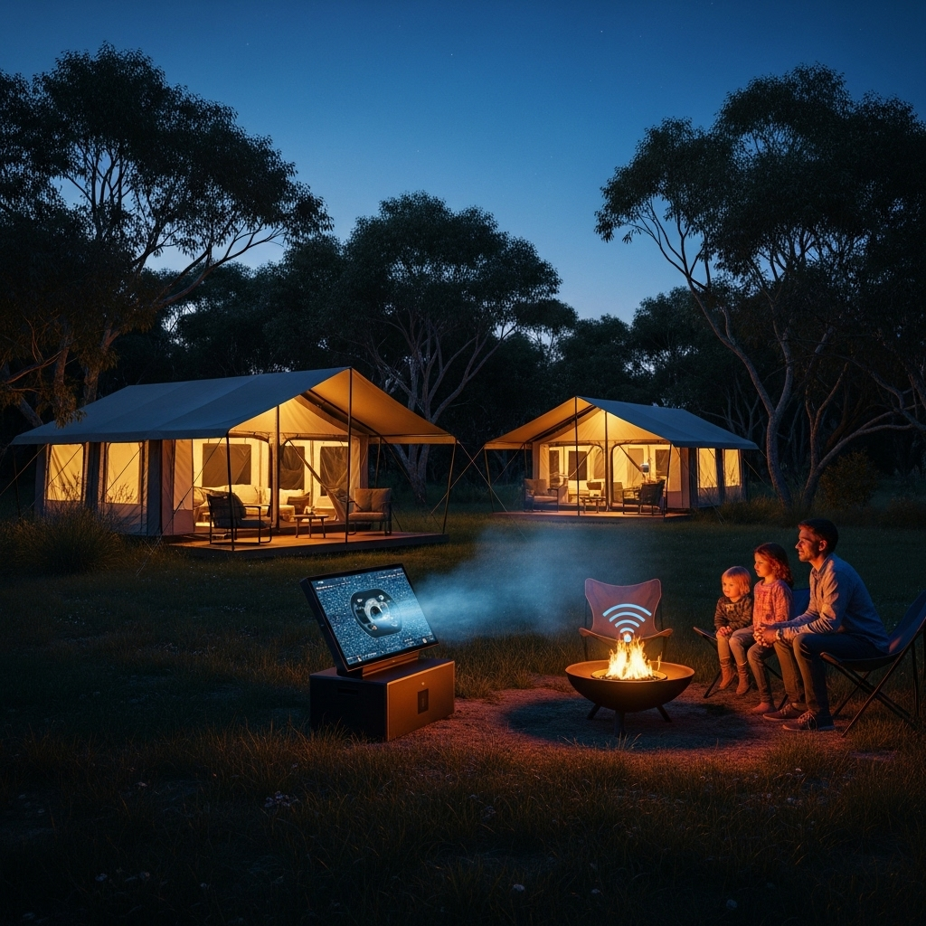 The Connected Campsite
A stunning twilight view of a Digital Adventures Outdoors R Us campsite. Modern, comfortable tents are softly illuminated from within, nestled among trees. In the foreground, a family is gathered around a high-tech, smokeless fire pit, looking at a projected star map on a portable screen, all powered by the discreet Rural Mesh Network. The image evokes a feeling of cozy, high-tech comfort in the heart of nature.