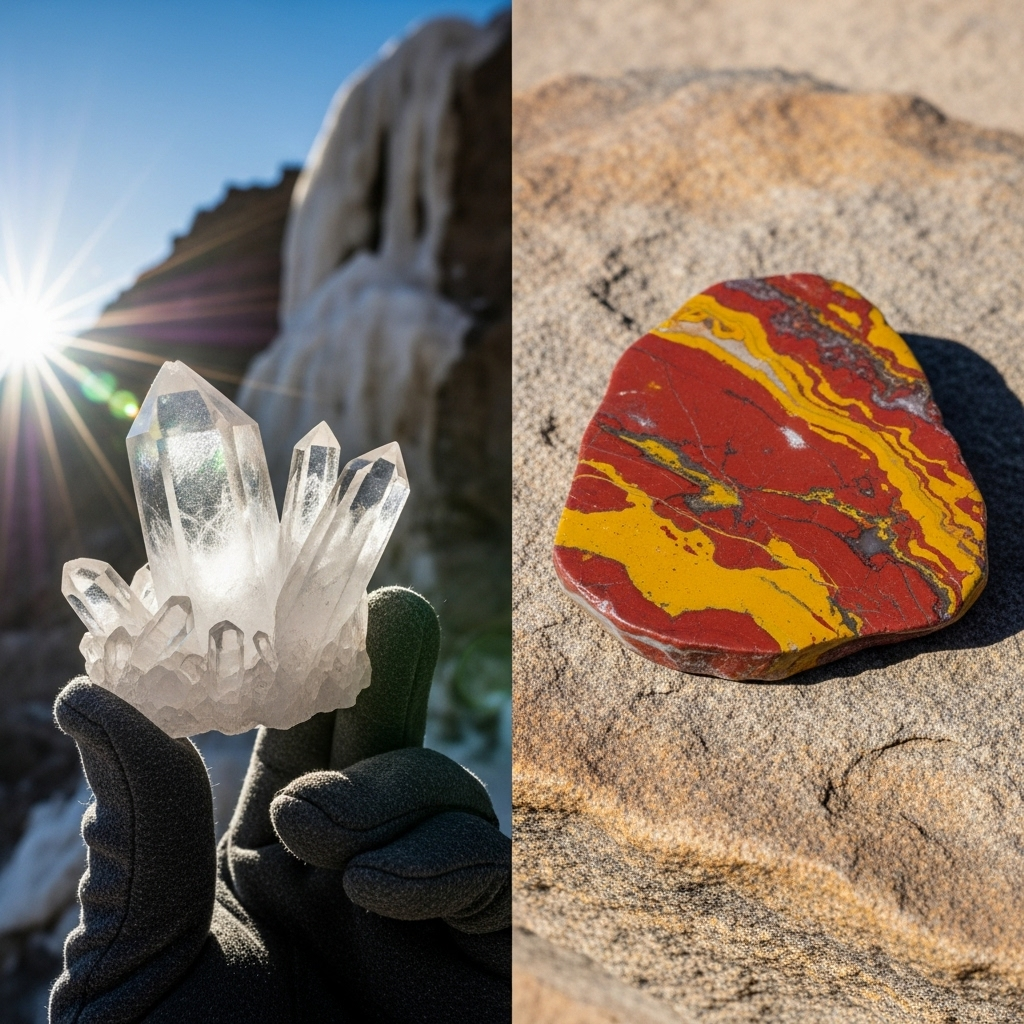 The Two Reigns of Silica

Concept: A comparative image illustrating the two primary forms of silica found in the region: high-temperature crystalline quartz and lower-temperature alteration jasper.

Description: A detailed, split-focus shot. The left side of the frame features a geologist's gloved hand holding a cluster of clear quartz crystals up against the bright Arizona sky, with the sun creating a slight lens flare that highlights the crystals' sharp edges and internal clarity. In the background, an exposed rock face with a massive white quartz vein is visible but softly out of focus. On the right side of the frame, the focus is on a flat, weathered rock surface where a polished slab of vibrant red and yellow jasper rests, its opaque, painterly patterns in sharp detail. The visual contrast between the clear, structured crystals and the colorful, solid jasper tells a compelling geological story.

Why it works: This image effectively educates the viewer on the difference between quartz and jasper, connecting the raw crystal form to the process of alteration in a single, professional composition.