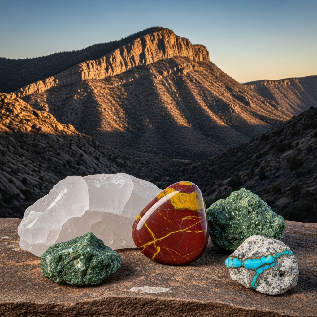 The Alchemist's Crucible

Concept: A powerful, introductory image that captures the essence of the Dome Rock Mountains as a crucible where diverse geological forces have forged a variety of stones.

Description: A dramatic, wide-angle photograph of the Dome Rock Mountains at sunset. The low, warm light accentuates the rugged textures and ancient layers of dark schist and lighter granitic intrusions. In the immediate foreground, resting on a flat slab of native rock, is a curated collection of the area's treasures: a large, semi-translucent segment of a milky quartz vein, a piece of polished, deep-red jasper with yellow swirls, a dense and dark green piece of hornblende ("Arizona Jade"), and a small, striking specimen of host rock with a delicate blue vein of turquoise running through it. The image conveys a sense of discovery and the raw, powerful nature of the landscape.

Why it works: This image serves as a perfect banner or lead photo, visually summarizing the entire article. It's professional, beautiful, and immediately communicates the topic: a diverse gem-bearing location.