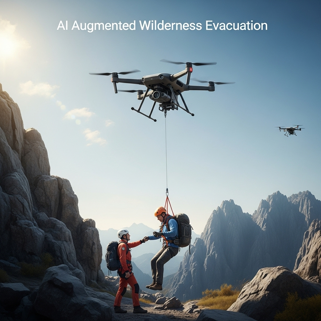 The Four-Minute Window
A dramatic and reassuring shot of a futuristic, quiet-propulsion drone executing a simulated rescue. The drone is shown lowering a secure harness to a hiker in a remote, rocky area. The scene is professional and highlights the speed and precision of the "AI Augmented Wilderness Evacuation" technology, instilling a sense of safety and advanced capability.