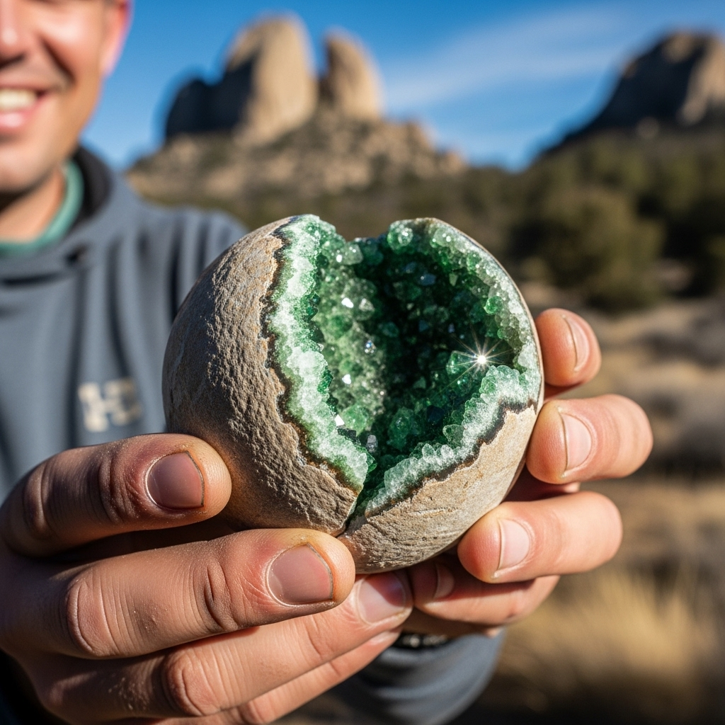 The Thrill of Discovery
Description: A close-up shot of a smiling adventurer's hands holding a newly discovered geode, cracked open to reveal sparkling crystals. The background shows the rugged, sun-drenched landscape of the Dome Rock Wilderness.